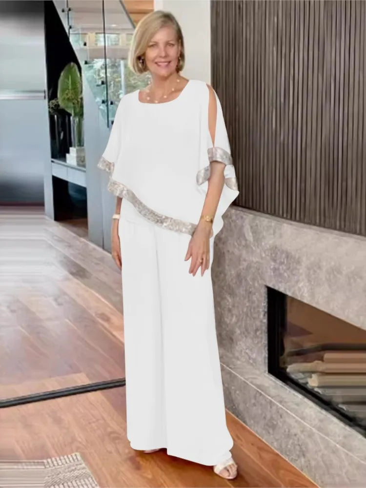 🍒Two-piece suit o-neck top and pants set for women summer fashion sequin bat wing top wide leg trousers occasion party wear Get Hold Of A Cold Shoulder And Warm Your Heart