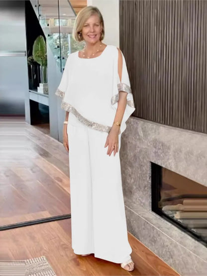 🍒Two-piece suit o-neck top and pants set for women summer fashion sequin bat wing top wide leg trousers occasion party wear Get Hold Of A Cold Shoulder And Warm Your Heart