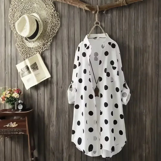 🍒Plus size polka dot shirt chic classic button up long sleeve outfit design dress stylish comfortable female fashion casual wear Get Spotted In These Dots