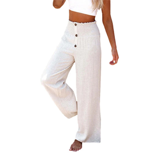 🍒Cotton linen trousers three buttons decoration solid colour fashion wear elastic waist wide Leg pants women comfortable casual botoms