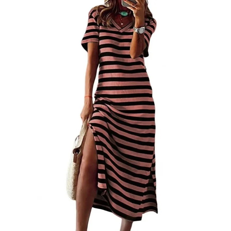 🍒Women's v-neck long dress stripes print fashion dailywear outdoor loose short sleeve dresse spring summer casual wear Like A Stripe
