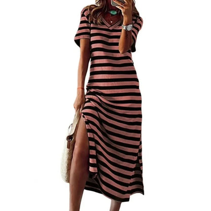 🍒Women's v-neck long dress stripes print fashion dailywear outdoor loose short sleeve dresse spring summer casual wear Like A Stripe