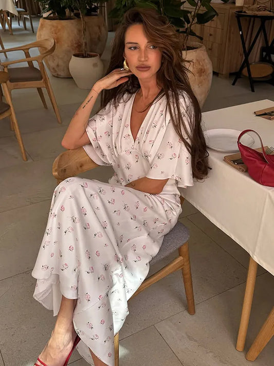 🍒Summer printed v-neck dress  with flower print womens fashion slim fit waist short butterfly sleeve long summer outfit with short sleeves high waist office wear cute comfy casu classy