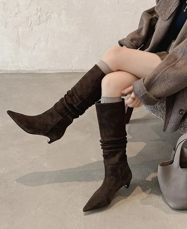 🍒Autumn winter womens footwear cow suede leather heeled boots pointed toe high heel slip-on knee high western footwear No Per-SUEDEing Neccessary