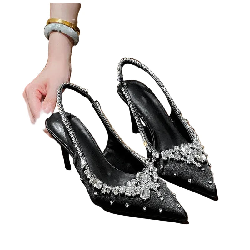 🍒Diamond satin slingback heels womens pointed toe pumps elegant stiletto high heels occasion shoes wedding party dress shoes 'Whine In Your Wines