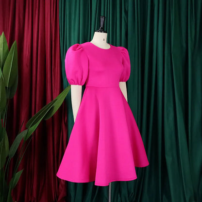 🍒Elegant dresses for woman o neck short sleeve outfit for birthday party high waisted pleated puff sleeves female fashion wear occasion wear evening party wear mid calf luxury B'day Bopper Beauty Babe