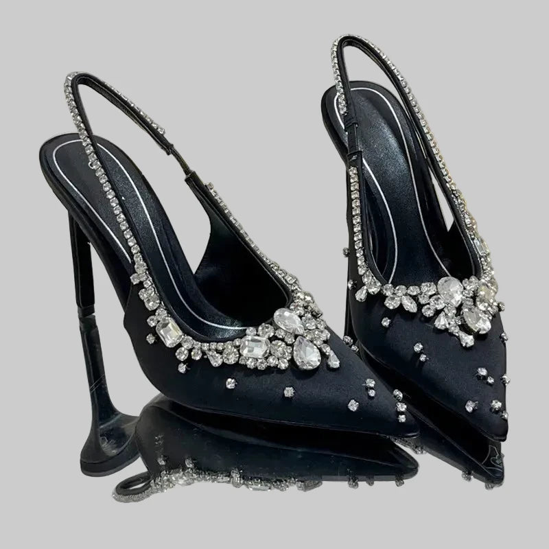 🍒Diamond satin slingback heels womens pointed toe pumps elegant stiletto high heels occasion shoes wedding party dress shoes 'Whine In Your Wines