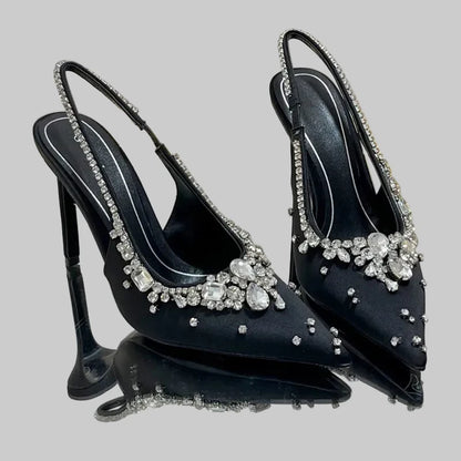🍒Diamond satin slingback heels womens pointed toe pumps elegant stiletto high heels occasion shoes wedding party dress shoes 'Whine In Your Wines