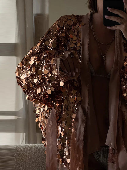 🍒Sequins bow tie jacket party long sleeve fashion short coat womens glitter party wear v-neck female long sleeve loose tops They Will SE'A Green When You Shimmer In This Winner