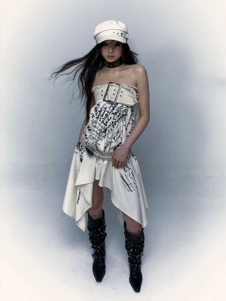 🍒Irregular letter print skirt shark bite skirt high waist long for women's y2k aesthetic vintage fashion streetwear Word On The Street These Are Cool Clothes