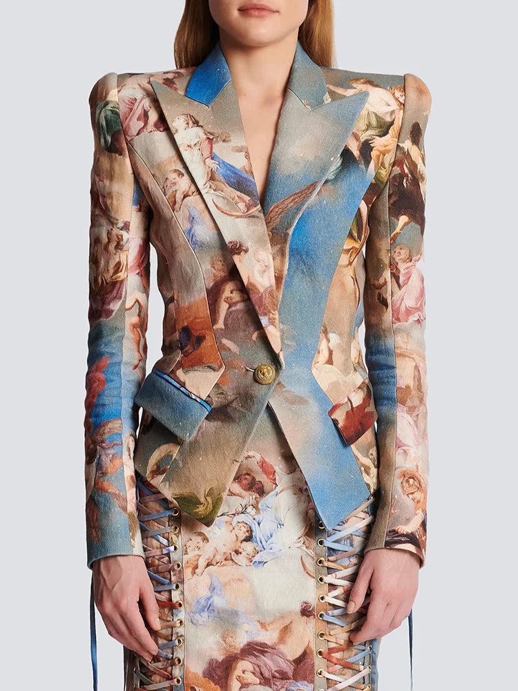 🍒Womens vintage printed blazer long sleeve button Jacket plus cross lace-up mini slim skirts sets evening wear clothing cherub classic print suit occasion party wear CROSS out boring SUITs on your list and get CLASSIC