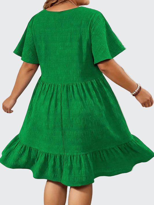 🍒Short sleeve dress plus size fashion over knee outfit round neck short sleeve frilled  fashion wear loose casual cheese cloth clothing women   Cheese Ease