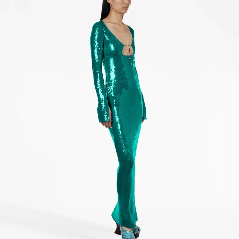 🍒V Neck sequin maxi dress long sleeve sequin bodycon celebrity night gown womens party outfit Be The Jewel In Your Own Crown