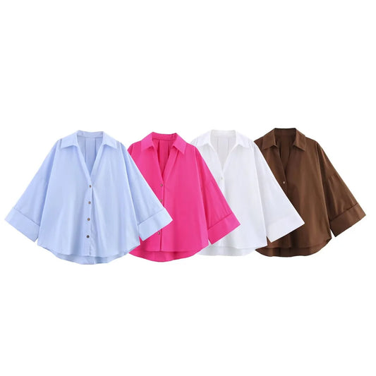 🍒 Womens oversized button - down shirt with rolled up sleeves v -neck for a chic Look smart casual clothing relaxed blouse officewear tops BATle The Day In Your WINGS