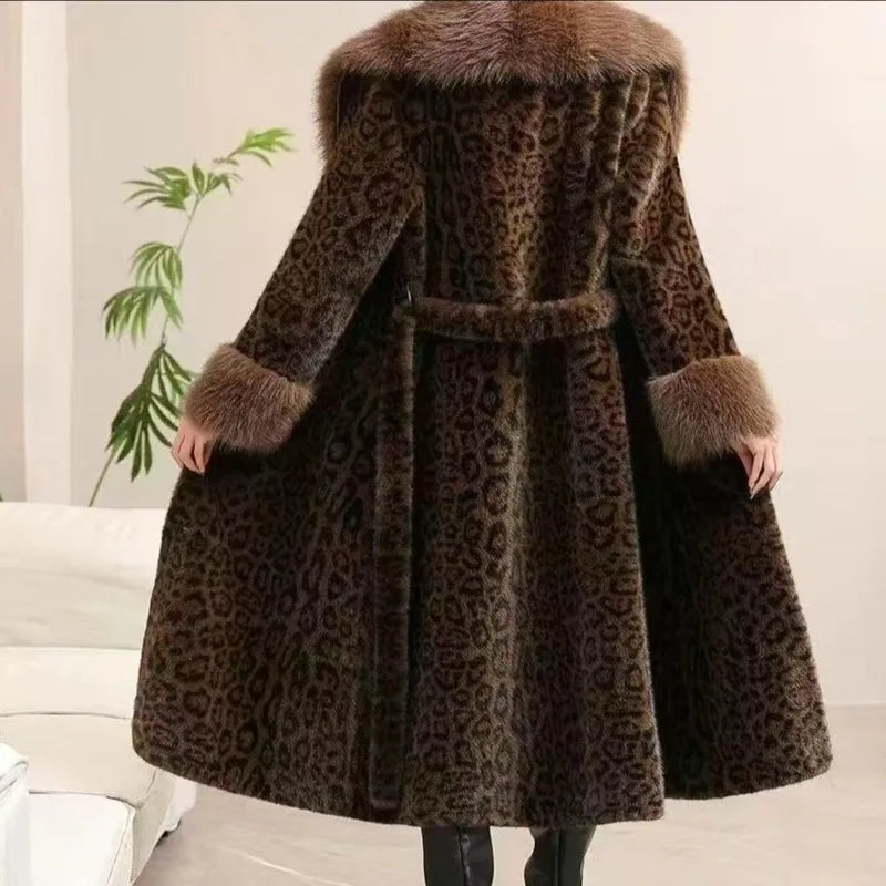 🍒Women's leopard print coat long faux fur overcoat for women trench coats chic winter fashion with thick fur collar belt Posh Plush