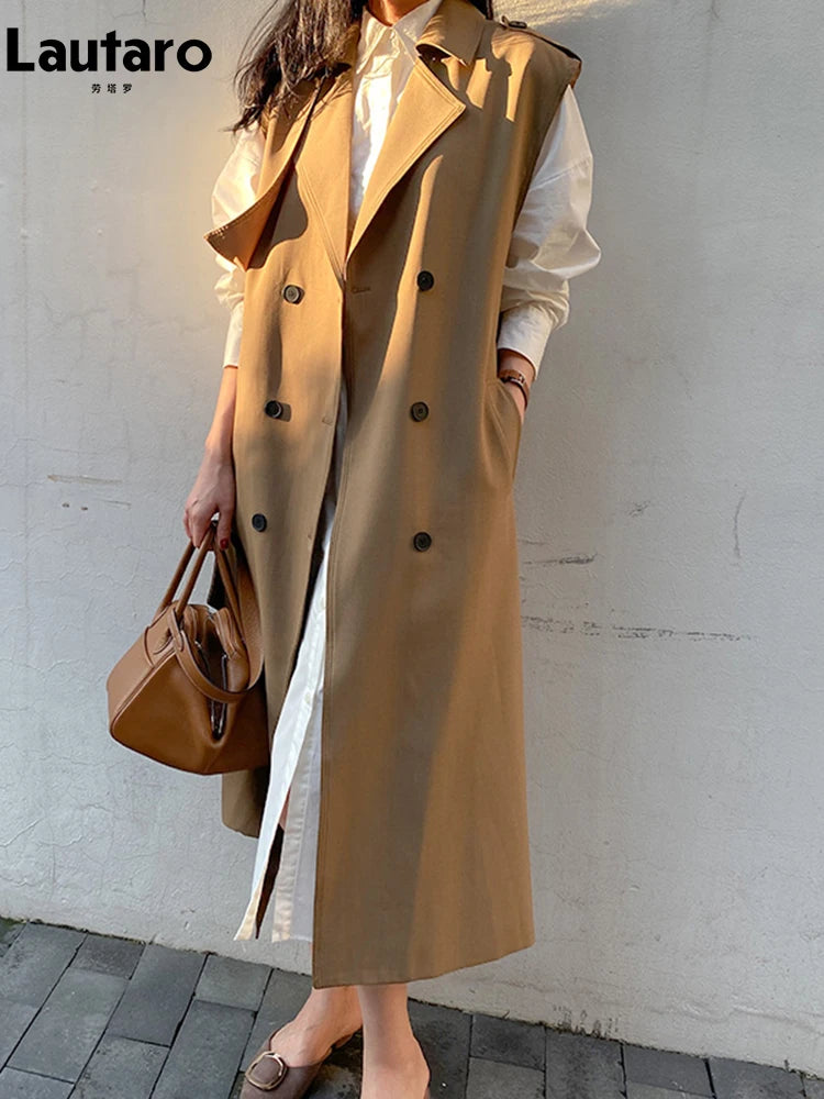 🍒Sleeveless trench coat for women with belt double breasted long vest maxi outerwear female loose autumn spring fashion Trendy Trench Trend