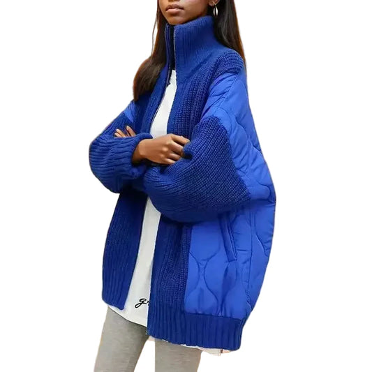 🍒Mixed media jacket knitted women patchwork outerwear  padded loose casual solid skin zipper cardigan female fashion warming outerwear Get Down To Town