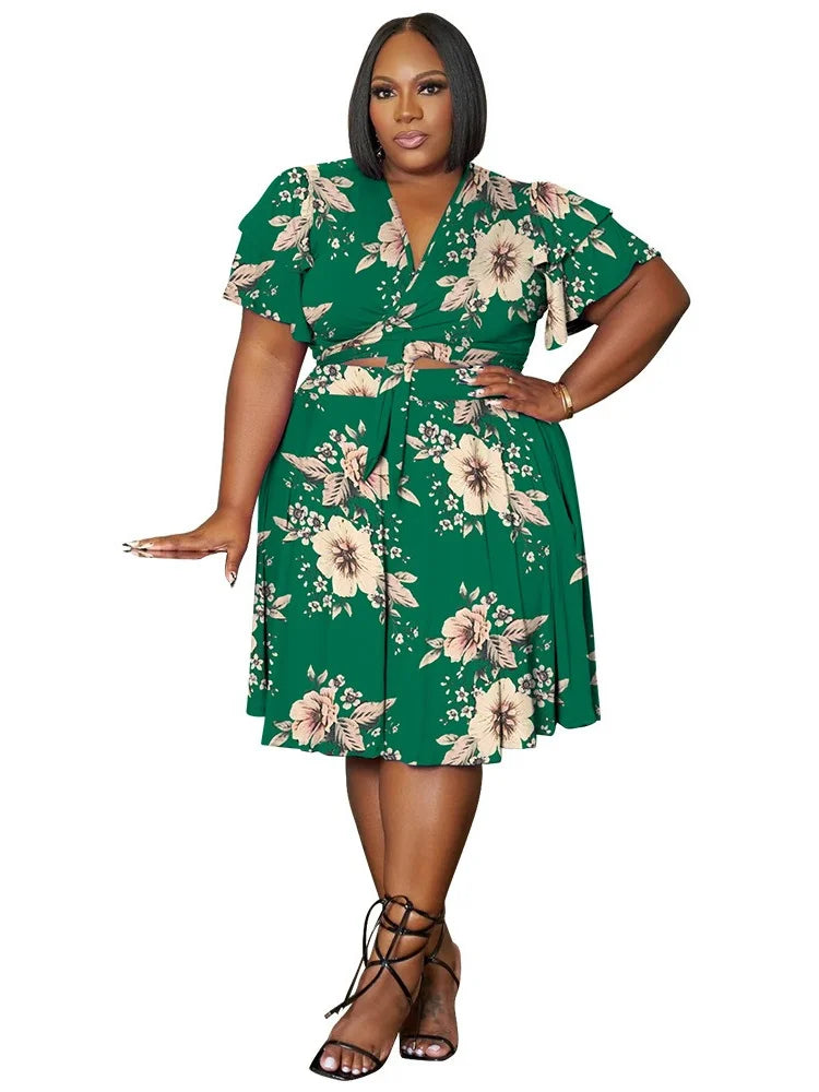 🍒Plus size skirt sets casual v-neck crop tops for women and matching camouflage short skirt two piece matching outfits Go Large In Camouflage