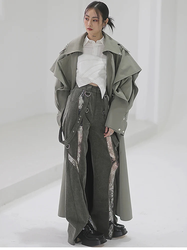 🍒Long oversized trench coat elegant ruffled outerwear for women double breasted luxury designer overcoat runway fashion  Trendy Travel Trench Classic Comfort