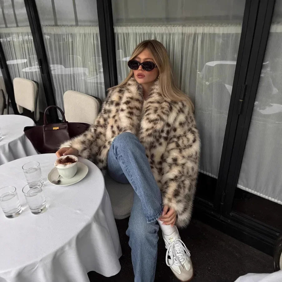 🍒Faux fur coat smart casual outerwear women lapel Collar leopard print jacket with long sleeves Y2k thick warm autumn winter fashion Get SPOTTED In A Showy Snowy