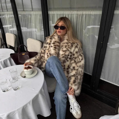 🍒Faux fur coat smart casual outerwear women lapel Collar leopard print jacket with long sleeves Y2k thick warm autumn winter fashion Get SPOTTED In A Showy Snowy