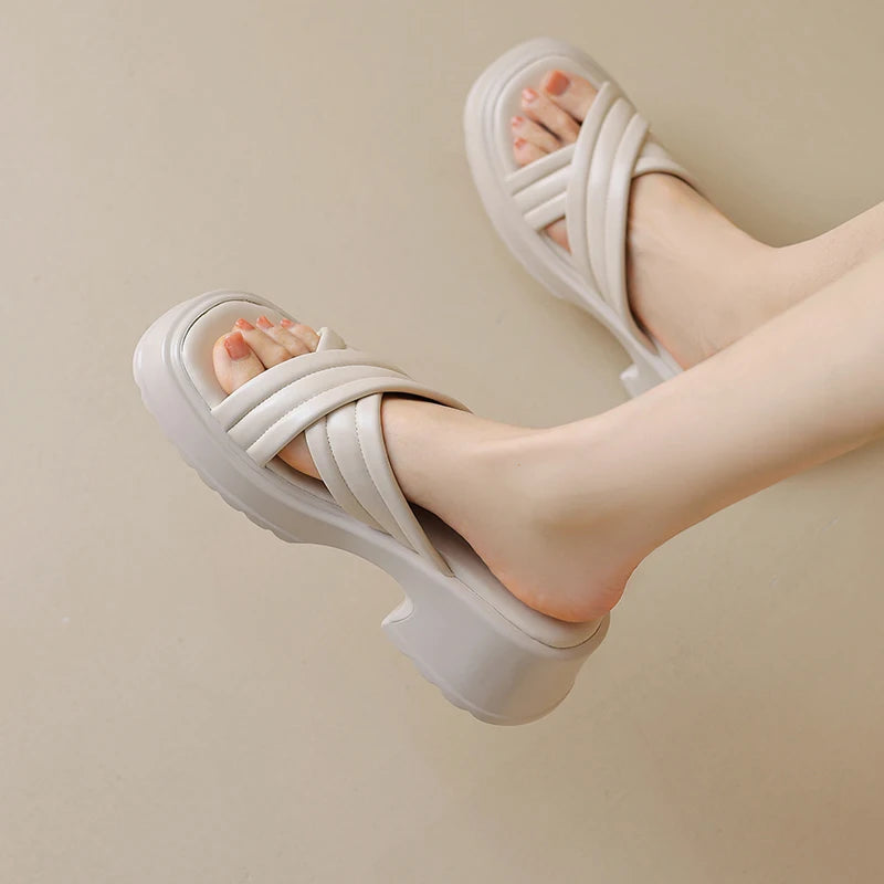 🍒Womens casual sandals thick sole beach shoes summer mules  fashion platform slippers Large Size shoes 33-43