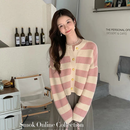 🍒Striped womens cardigan Y2K asthetics sweet knitted jacket retro long sleeve sweater weather clothes spring autumn wear loose casual crop tops Cherri And Cream Stripe Delight