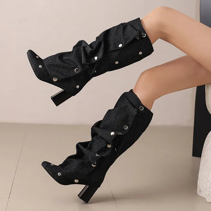 🍒Denim boots for Women blue multi snap-fastener pleated shoes with zip wide calf length boots winter footwear Cute Cowboy