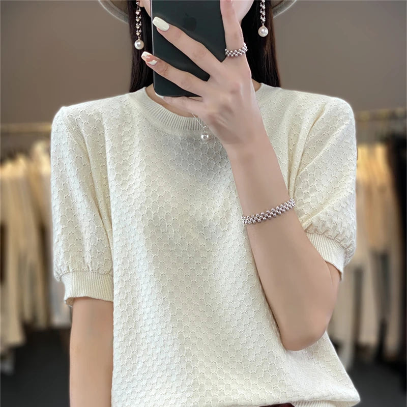 🍒Womens textured t-shirt summer cotton tops short sleeve solid colour tee round neck loose blouse casual clothing