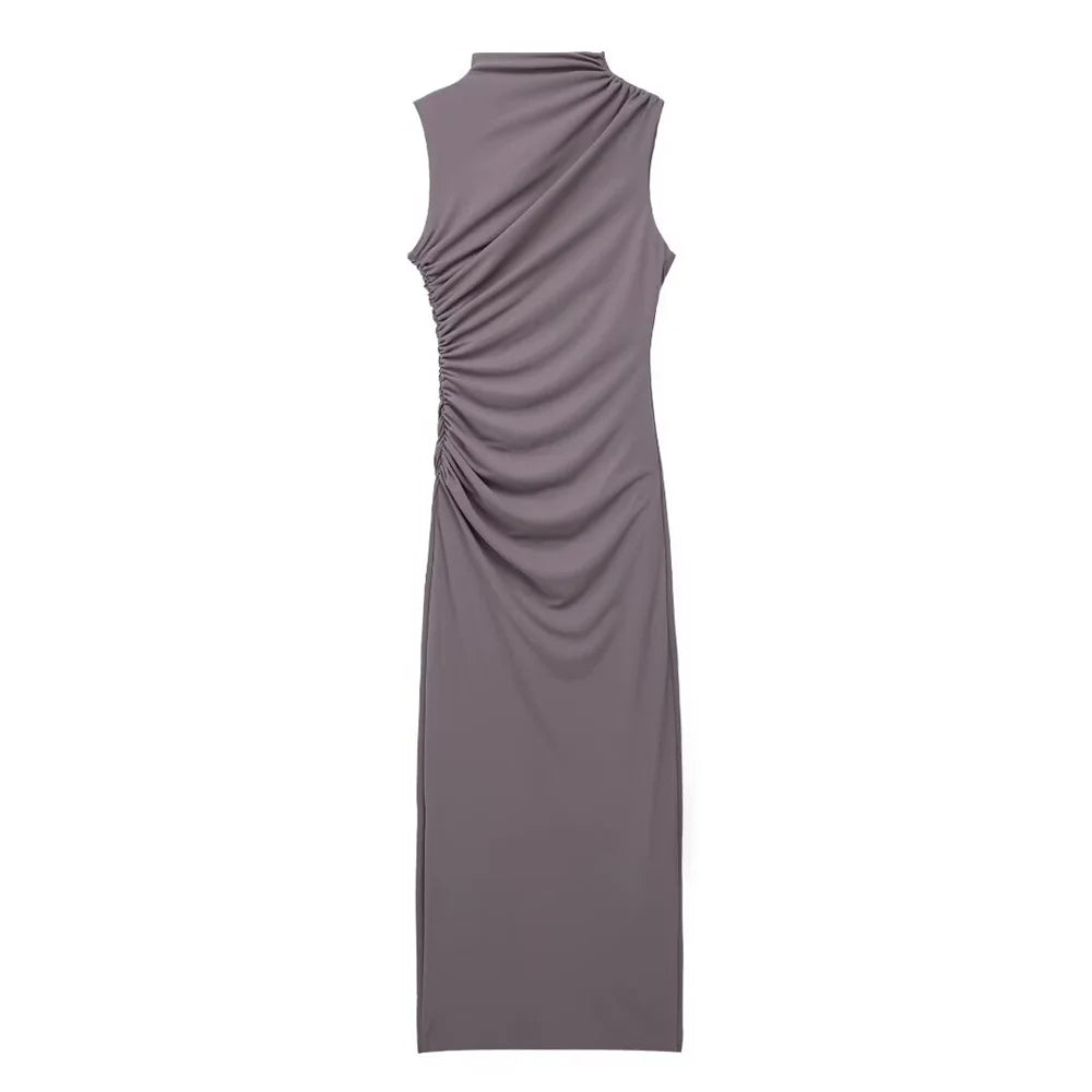 🍒Summer women's fashion solid colour ruched dress party occasion clothing midaxi outfit sleeveless