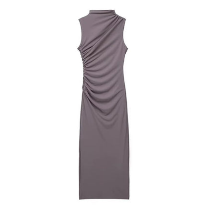 🍒Summer women's fashion solid colour ruched dress party occasion clothing midaxi outfit sleeveless