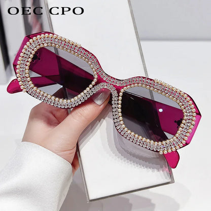 🍒Diamond square sunglasses with pearls women fashion luxury rhinestone trendy shades for women female sun shades polygon eyewear for women uv 400 protection Have Your Say In A Pearly Cool Way
