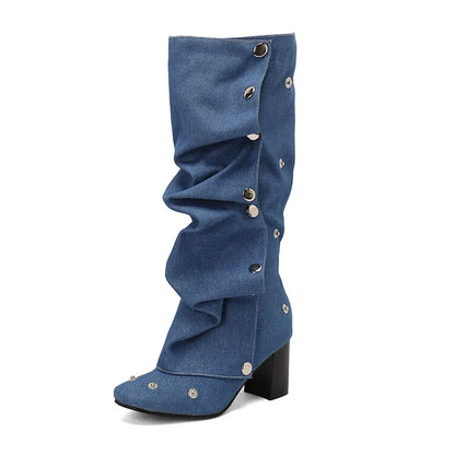 🍒Denim boots for Women blue multi snap-fastener pleated shoes with zip wide calf length boots winter footwear Cute Cowboy