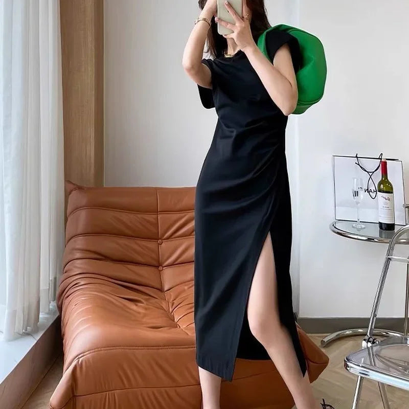 🍒White dresses smart casual Women fashion clothing chic black midi outfit simple elegant slinky Y2k style clothes  Step A side Side Slit Slim -ple