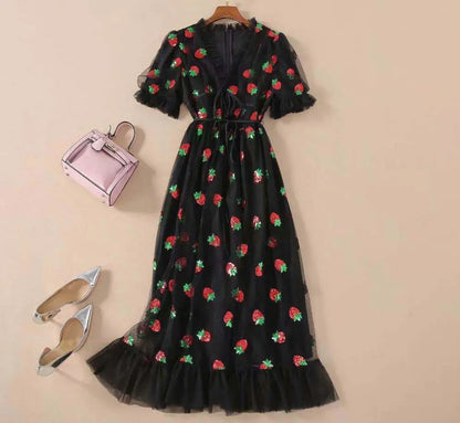 🍒Summer fashion v-neck short sleeved midi dress mesh fabric strawberry outfit fitted at waist smart casual clothing women BERRY exSTRAW-ordinary