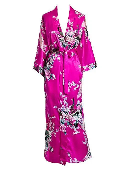 🍒Satin robe women plus size  with flowers peacock print kimono lounge gowns for women bride bridesmaid wedding bathrobe silky nighrwear Sittin' Satin Style