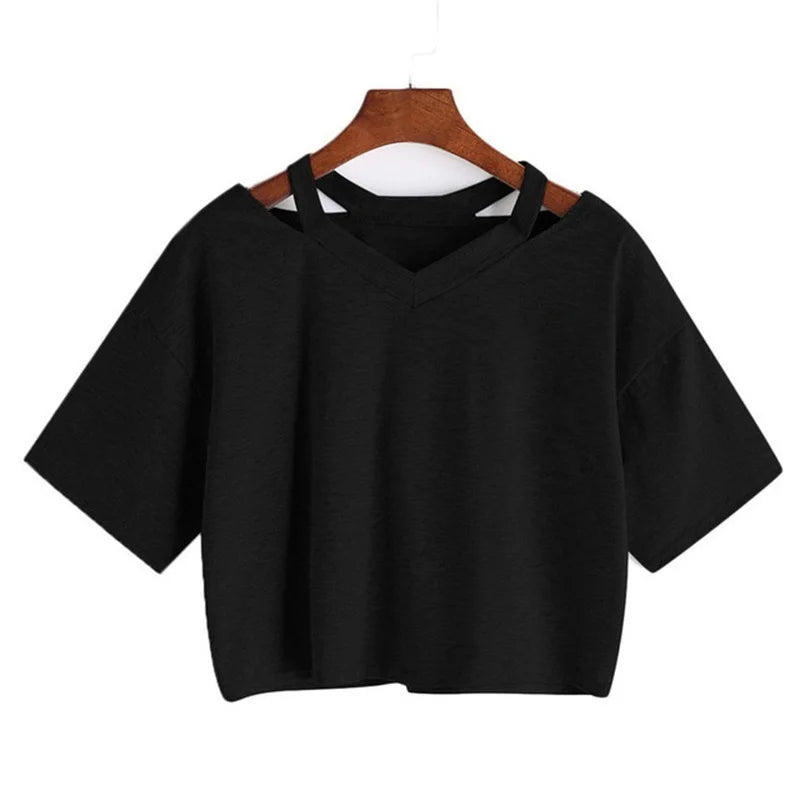 🍒Solid colour open shoulder t-shirt hollow solid colour tee v-neck women's short sleeve tops tank