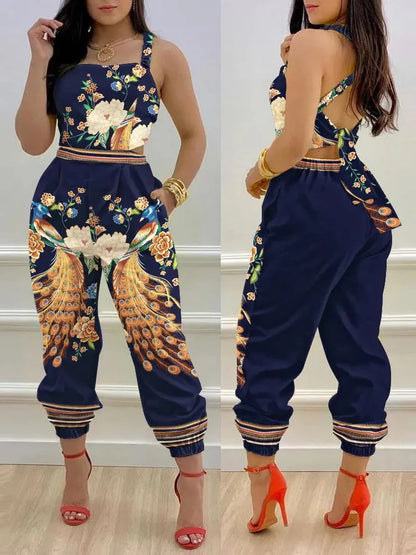 🍒Summer printed jumpsuit backless with straps fashion sleeveless one piece casual wear womens romper outfit with bows pocket trousers Overall Colourful Cool