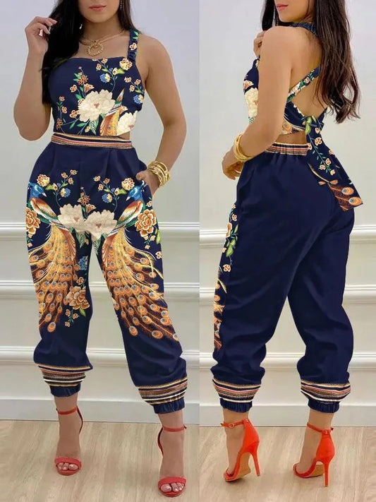 🍒Summer printed jumpsuit backless with straps fashion sleeveless one piece casual wear womens romper outfit with bows pocket trousers Overall Colourful Cool