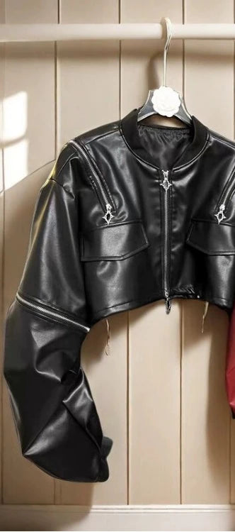 🍒pu cold shoulder leather jacket Y2K asthetic streetwear outerwear loose fashion women solid fashion female crop coat Keep Snug In A Cold Shoulder Coat