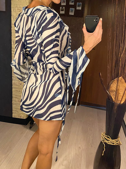 🍒Long sleeve mini sundress striped ruffled dress v-neck for women beach dress party club wear Zip Up This Zeberdy
