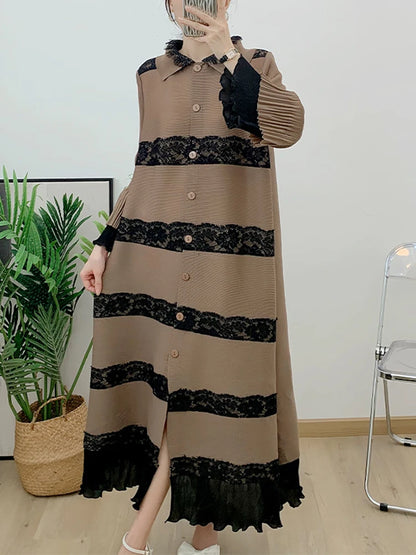 🍒Pleated lace dress with lapels flared sleeve single breasted outfit long elegant midaxi fashion wears smart casual clothing women partywear occasion wear