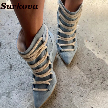 🍒Women's blue denim short boots ankle pointed toe lace-up woven wedge booties fashion party footwear smart casual heels shoes large size 46 Daytime/Do Dishy Denims