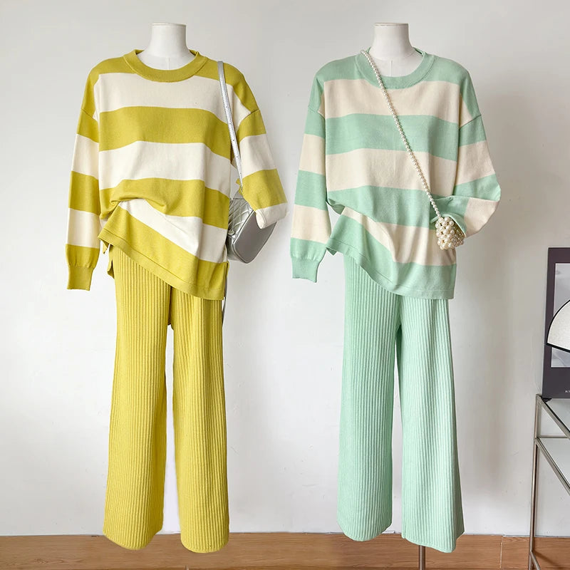 🍒Summer two-piece sets women’s contrast Colour striped top o-neck long sleeve plus casual high waist wide leg pants Suit Yourself With Stripes