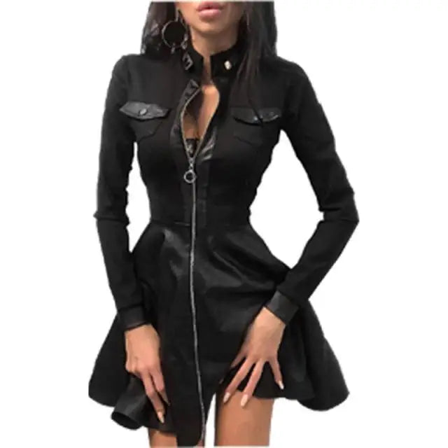🍒Pu leather dress for women  lace mesh sleeve mixed media fashion party dress mini elegant stand neck collar a-line outfit Pretty Plaid Pu