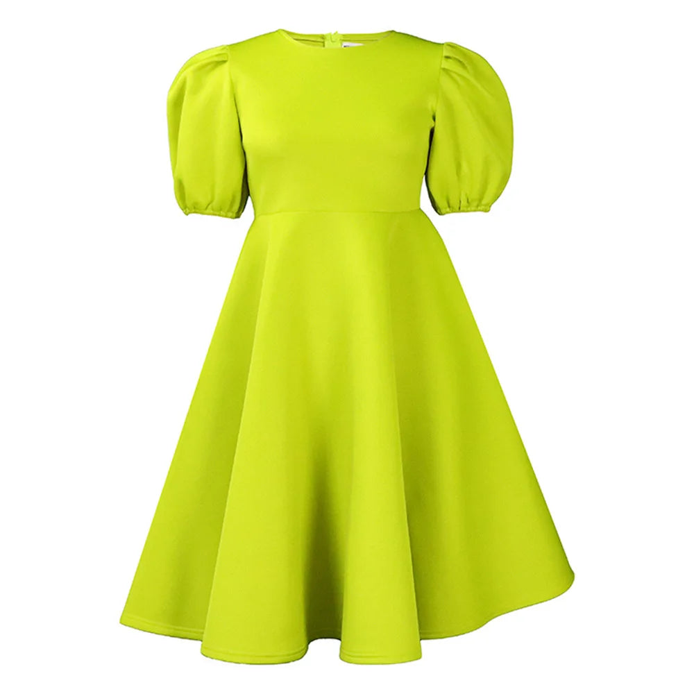 🍒Elegant dresses for woman o neck short sleeve outfit for birthday party high waisted pleated puff sleeves female fashion wear occasion wear evening party wear mid calf luxury B'day Bopper Beauty Babe