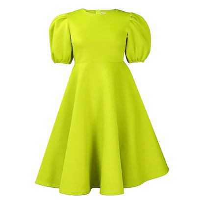 🍒Elegant dresses for woman o neck short sleeve outfit for birthday party high waisted pleated puff sleeves female fashion wear occasion wear evening party wear mid calf luxury B'day Bopper Beauty Babe