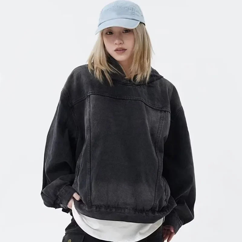 🍒Spring autumn jacket women denim hoodies for women ladies Jean pullover tops vintage unisex long Sleeve hooded baggy top