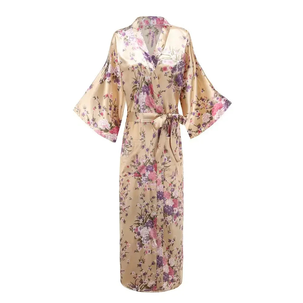 🍒Satin robe women plus size  with flowers peacock print kimono lounge gowns for women bride bridesmaid wedding bathrobe silky nighrwear Sittin' Satin Style