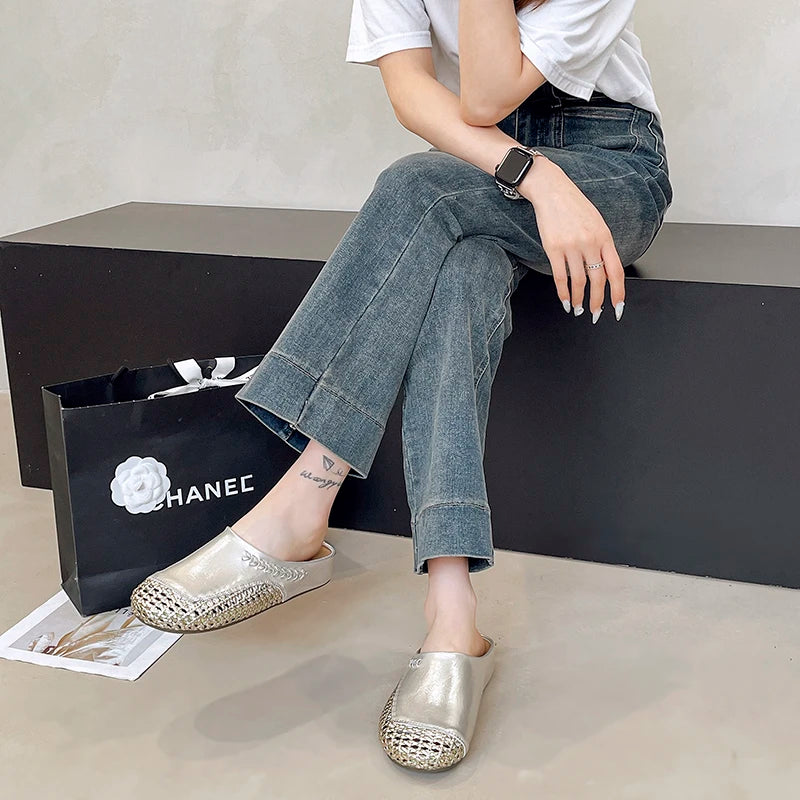 🍒Versatile sandals womens pumps shoes casual slippers for women party wear summer round toe summer shoes Slip Into Silver Sliders